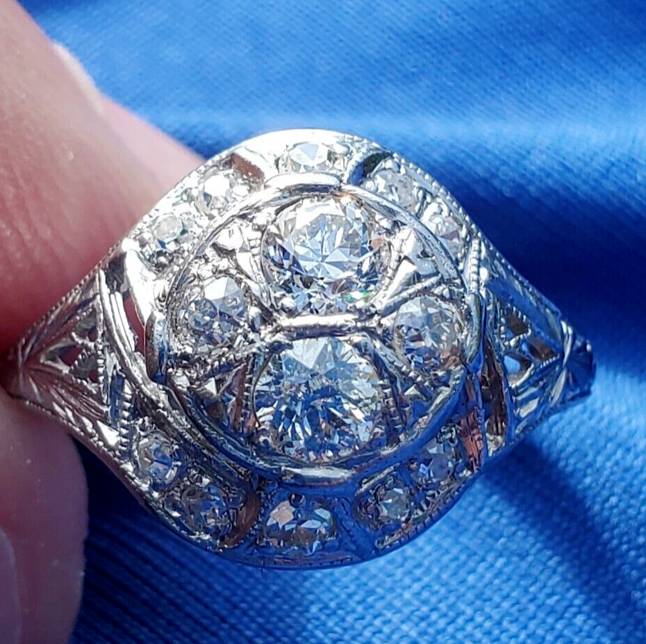 Earth mined Diamond Deco Engagement Ring Antique Platinum Filigree State... - $4,460.25