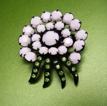 Vintage Spider Brooch green RHINESTONE milk glass pin japanned black flower  - £67.86 GBP