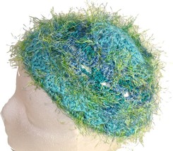 Blue Crochet Beanie Hat with Green Eyelash Fringe - £9.25 GBP