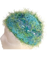 Blue Crochet Beanie Hat with Green Eyelash Fringe - $11.80