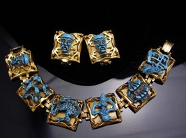 Dragon Bracelet - earrings set - VINTAGE demi parure - turquoise ENAMEL ... - £359.64 GBP