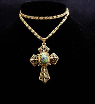 Medieval necklace Cross necklace Gothic Dragons EGG Glass gold Cross necklace - $165.00