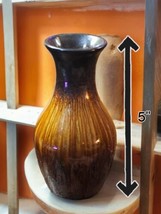 Small 5&quot; Bud Vase Amber Yellow Gold Brown Fleck Unsigned Drip Glaze Spar... - $26.39