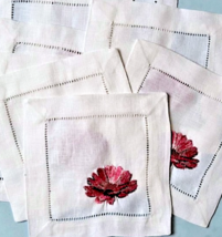 Sferra Pink Floral Embroidery Cocktail Napkins 8 Piece Hemstitched Linen... - $38.51