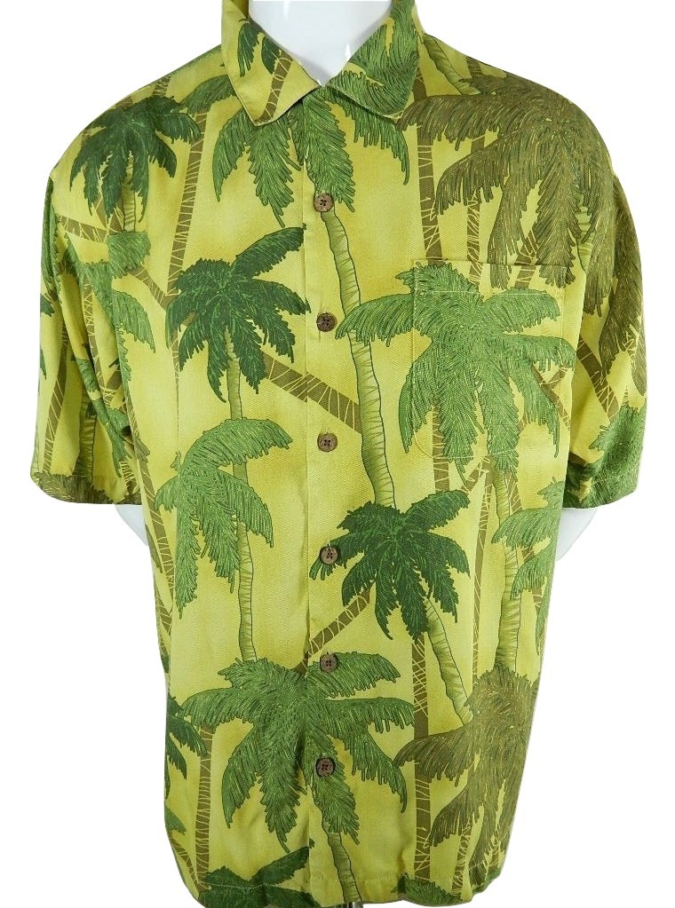 Tommy Bahama Silk Yellow Hawaiian Palm Trees Camp Loop Collar Button Shirt XL  - £36.10 GBP