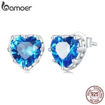 Sterling silver blue heart stud earrings for women fine jewelry shining blue stone love thumb200