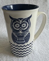 Embossed BLUE &amp; White Big Eyed Owl Tea Coffee Mug 15 Ounces - £13.47 GBP