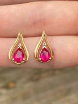 3Ct Pear Cut Simulated Red Ruby Solitaire Stud Earrings 14K Yellow Gold Plated - £32.87 GBP