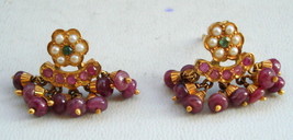 ethnic 20k gold earrings ear stud pearl ruby emerald gemstones bellydance jewelr - £622.01 GBP
