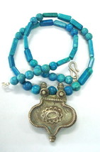 vintage antique old silver pendant necklace beads turquoise gemstone - $226.71