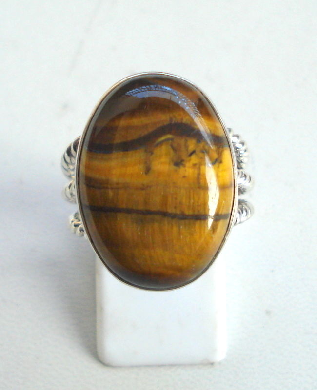 ethnic sterling silver ring with tiger eye gemstone cocktail ring handmade - $67.32