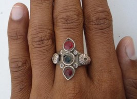 VINTAGE ANTIQUE TRIBAL OLD SILVER GLASS STONES RING IND - £54.47 GBP