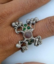 ANTIQUE TRIBAL OLD SILVER GLASS STONES RING GYPSY - £52.95 GBP