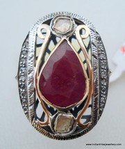 VICTORIAN DIAMOND RUBY 14k GOLD SILVER RING COCKTAIL - £235.76 GBP