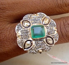 victorian polki diamond emerald 14k gold sterling silver cocktail ring handmade - £457.48 GBP