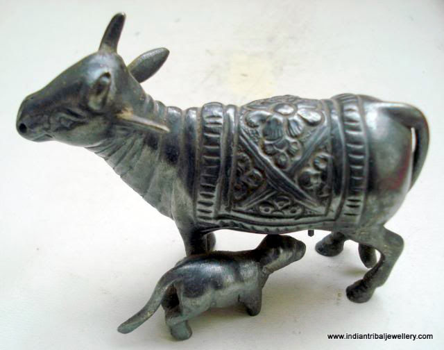 antique old sterling silver holy cow statue with calf - $691.02