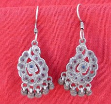 ANTIQUE TRIBAL OLD SILVER GLASS STONES EARRINGS PAIR - £52.93 GBP