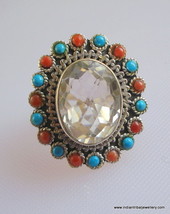 vintage ethnic sterling silver cocktail ring crystal gemstone rajasthan india - £58.42 GBP