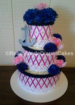 Hot Pink and Blue Ahoy Its A Girl Nautical Theme Baby Shower Anchor Diaper Cake  - $59.80