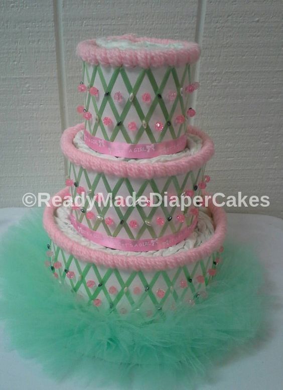 Mint Green and Light Pink Themed Baby Girl Shower Decor 3 Tier Diaper Cake Gift
