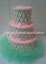 Mint Green and Light Pink Themed Baby Girl Shower Decor 3 Tier Diaper Cake Gift - £59.01 GBP