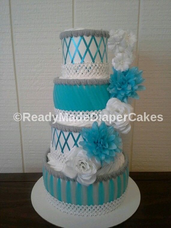 Grey and Aqua Elegant Themed Baby Girl Shower Decor 4 Tier Diaper Cake Gift