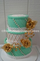 Elegant Mint Green and Gold Themed Baby Shower Decor 3 Tier Diaper Cake Gift - $73.60