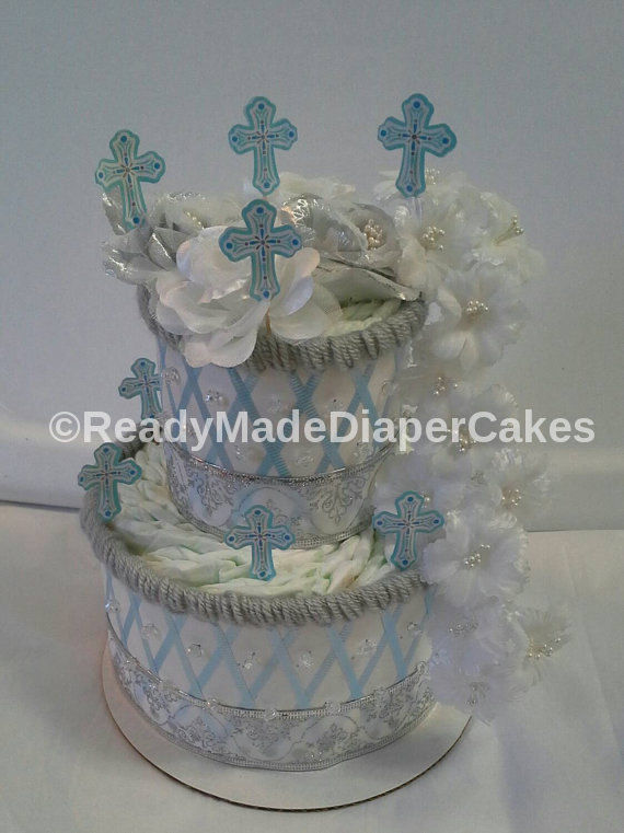 Blue , White and Grey Baptism Themed Baby Boy Shower 2 Tier Diaper Cake Gift