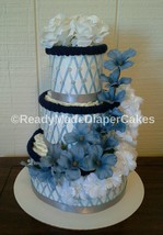 Navy Blue , White , Grey and Light Blue Elegant Baby Shower 3 Tier Diaper Cake - $59.80