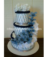 Navy Blue , White , Grey and Light Blue Elegant Baby Shower 3 Tier Diape... - $65.00