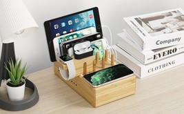 Bamboo Docking Station Organizer with Fast Wireless Charger and 7 USB Ports - £47.95 GBP