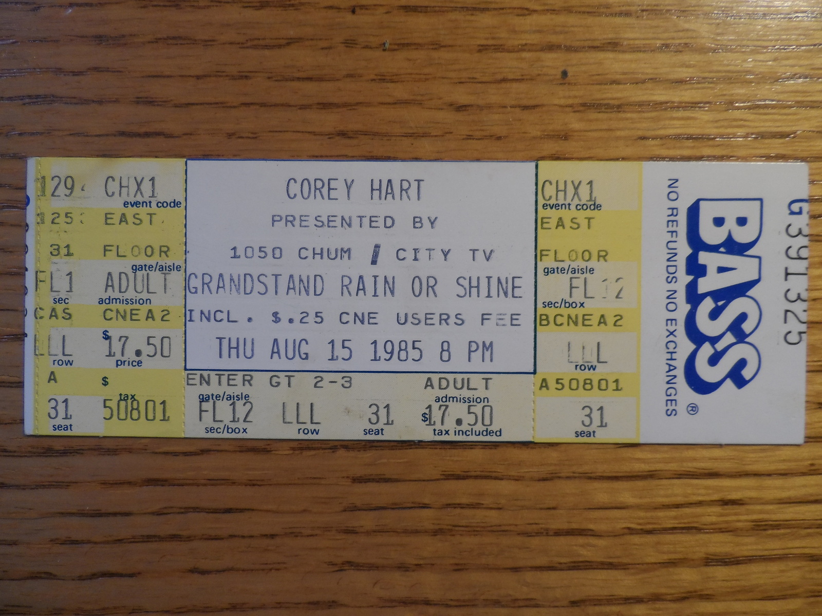 COREY HART Vintage 1985 FULL Ticket Stub TORONTO CNE GRANDSTAND CONCERT ... - $9.75