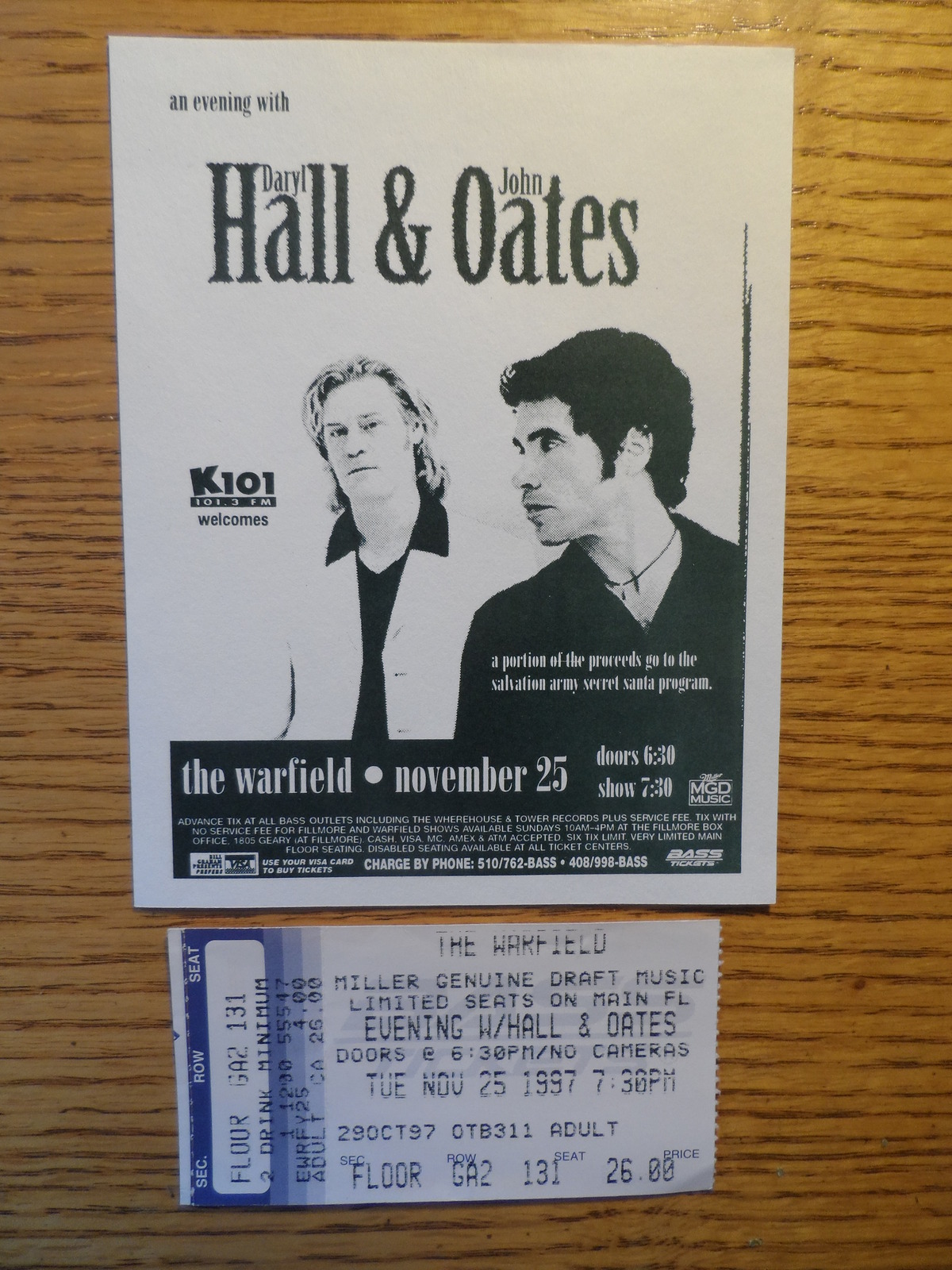 DARYL HALL &amp; JOHN OATES 1997 POSTCARD &amp; TICKET STUB SAN FRANCISCO THE WA... - $12.50