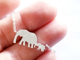 Mama Elephant Necklace, Elephant and Baby Pendant, Silver Plated Charm Necklace, - $31.18