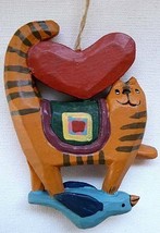 Happy Golden Cat with Bird Folk Wooden Ornament - £13.28 GBP