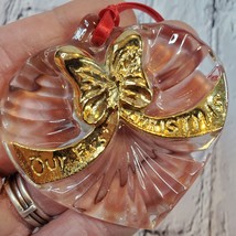 Gorham Germany Glass Heart OUR FIRST CHRISTMAS Ornament Clear &amp; Gold Red... - £7.72 GBP