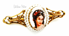 Florenza Limoges Lovely Handpainted Porcelain Cameo Bar Pin, Vintage &amp; Nostalgic - £33.65 GBP