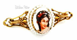 Florenza Limoges Lovely Handpainted Porcelain Cameo Bar Pin, Vintage &amp; Nostalgic - £33.18 GBP