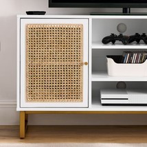 47 Inch Mid Century Modern White TV Stand with Adjustable Shelf, Rattan TV Stand - £161.36 GBP