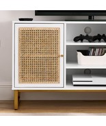 47 Inch Mid Century Modern White TV Stand with Adjustable Shelf, Rattan ... - £157.45 GBP