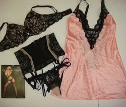 Victoria&#39;s Secret 34D BRA SET+garter cincher+M SLIP Blush Pink Black lac... - £148.15 GBP