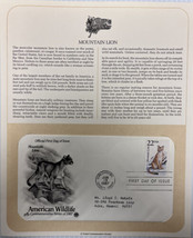 American Wildlife Mail Cover FDC &amp; Info Sheet Mountain Lion 1987 - £7.70 GBP