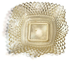 Amber/Yellow Trinket Candy Dish Art Cut Glass Vintage Ruffle Square Design 6&quot; - £23.05 GBP