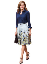 Queen Letizia of Spain Inspired Deep Blue Satin Blouse &amp; Floral High Wai... - $31.99+