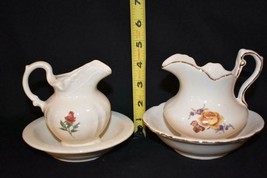 2 Sets Vintage Small Ceramic 4&quot; Pitcher &amp; Bowl, Wash Basin - Yellow, Red Rose - £7.50 GBP