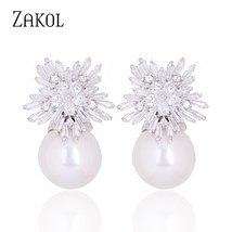 ZAKOL Newest Snowflake Flowers AAA Cubic Zirconia  Drop Earrings for Women Fashi - £9.52 GBP