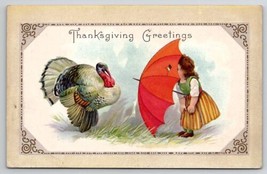 Thanksgiving Greetings Girl Red Umbrella And Turkey Postcard V22 - £5.45 GBP