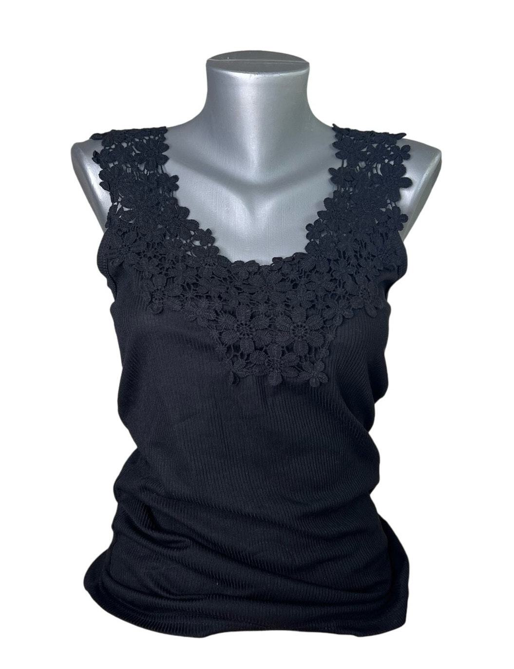 WinWin Chunky Lace Sleeveless Black Ribbed Tank Top Size S M Small Medium  - $9.90