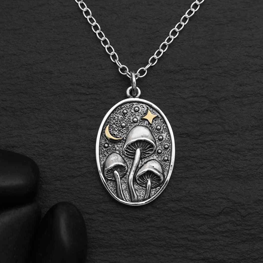 Silver Oval Mushroom Necklace with Bronze Star and Moon - $82.52