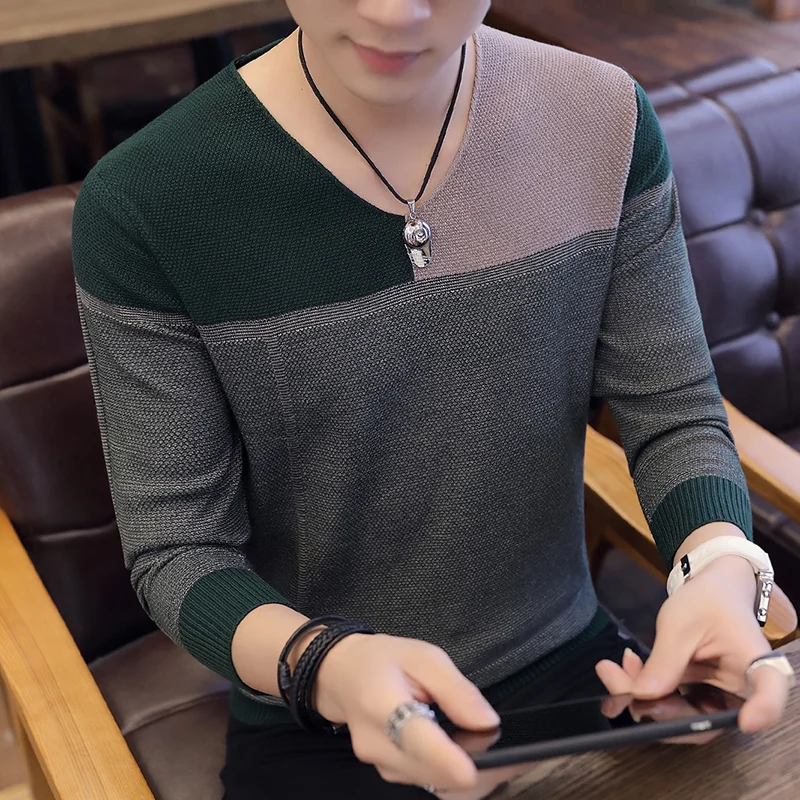 2020 Spring Long Sleeve  s Casual Men  Color work O-Neck Top Blouse Pull... - £91.01 GBP